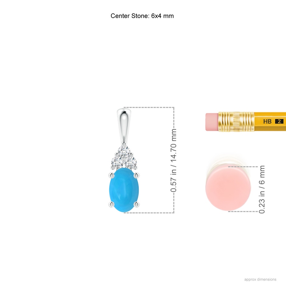 6x4mm AAAA Oval Turquoise Solitaire Pendant with Trio Diamond in White Gold ruler