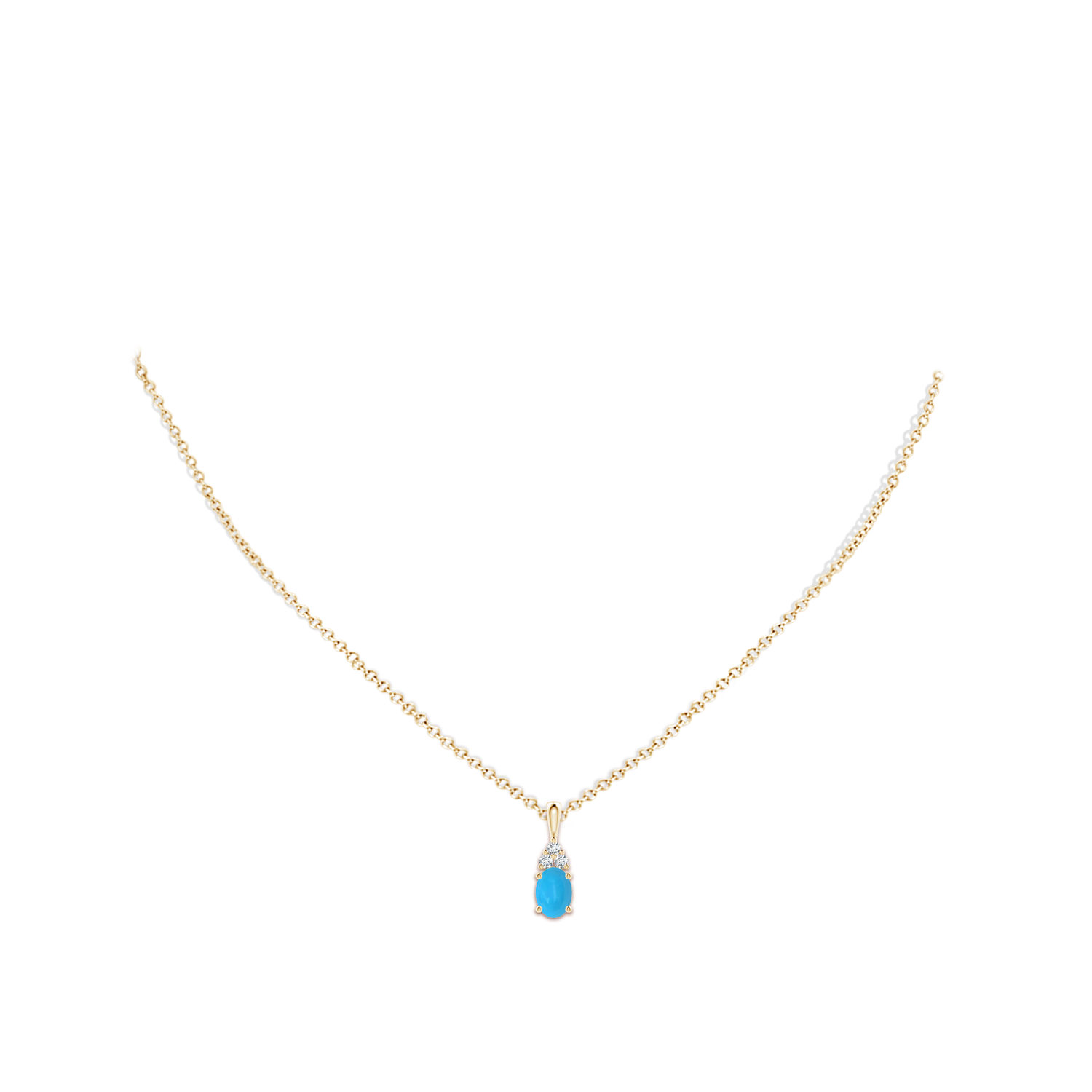 7x5mm AAAA Oval Turquoise Solitaire Pendant with Trio Diamond in Yellow Gold - body_neck