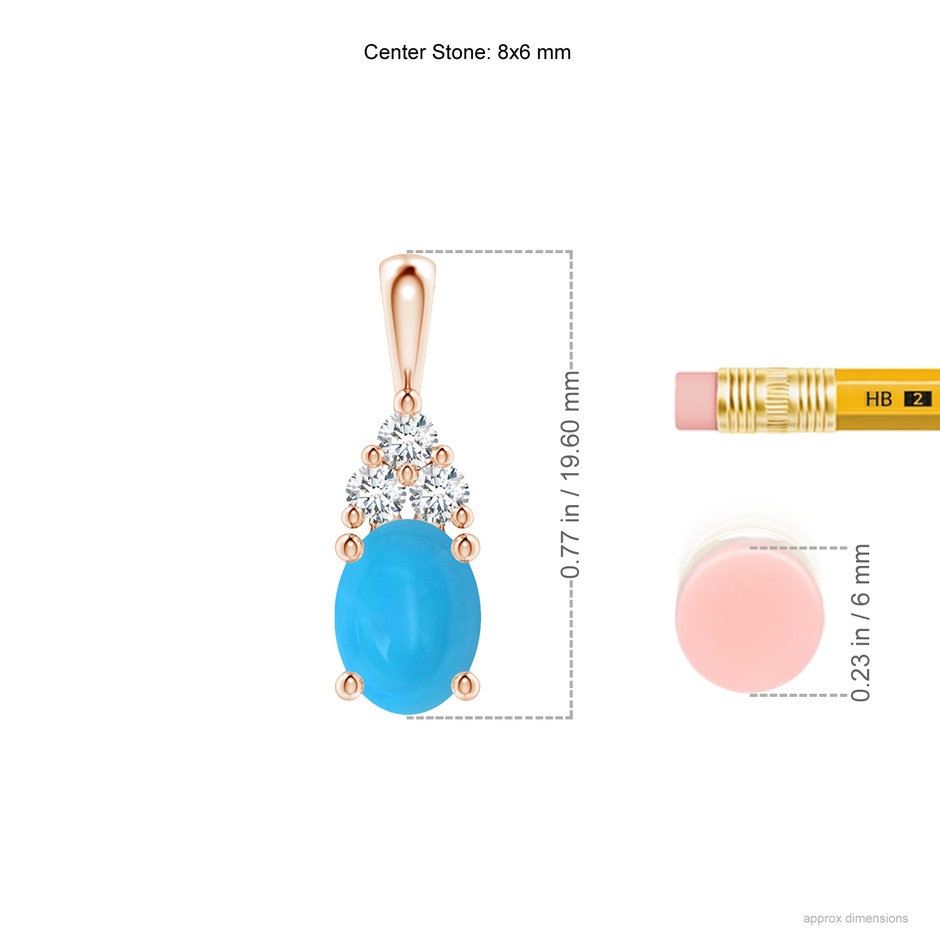 8x6mm AAAA Oval Turquoise Solitaire Pendant with Trio Diamond in Rose Gold ruler