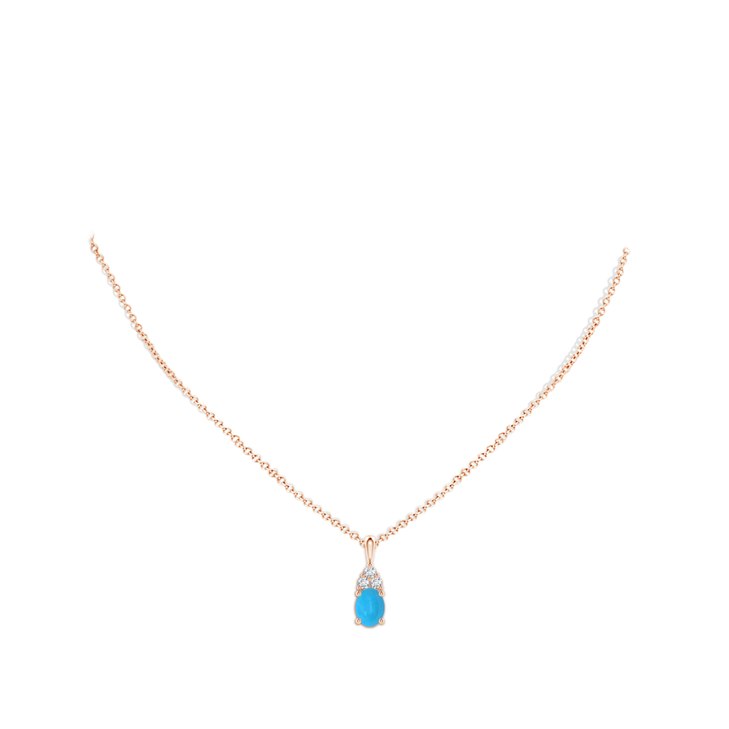 8x6mm AAAA Oval Turquoise Solitaire Pendant with Trio Diamond in Rose Gold Body-Neck