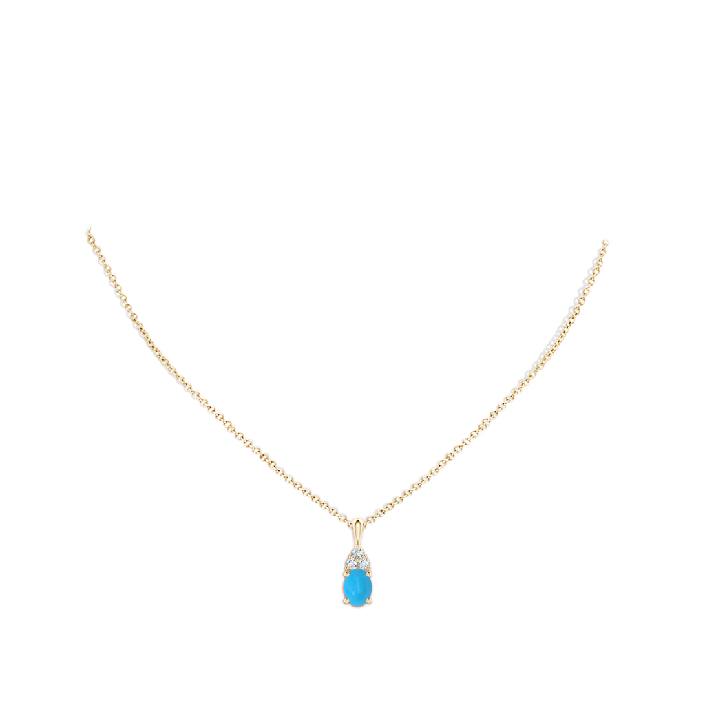 8x6mm AAAA Oval Turquoise Solitaire Pendant with Trio Diamond in Yellow Gold Body-Neck