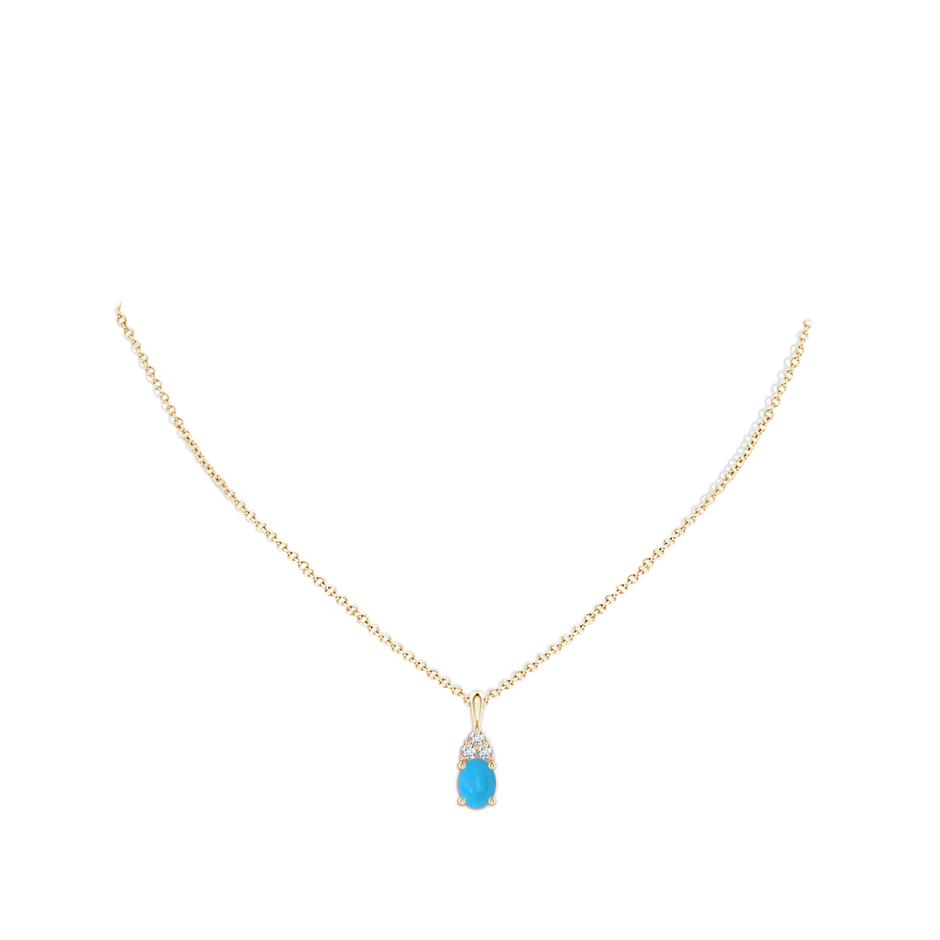 8x6mm AAAA Oval Turquoise Solitaire Pendant with Trio Diamond in Yellow Gold body-neck