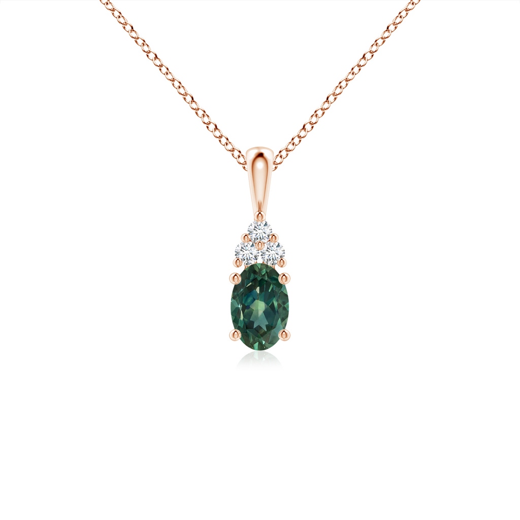 6x4mm AA Oval Teal Montana Sapphire Solitaire Pendant with Trio Diamond in Rose Gold