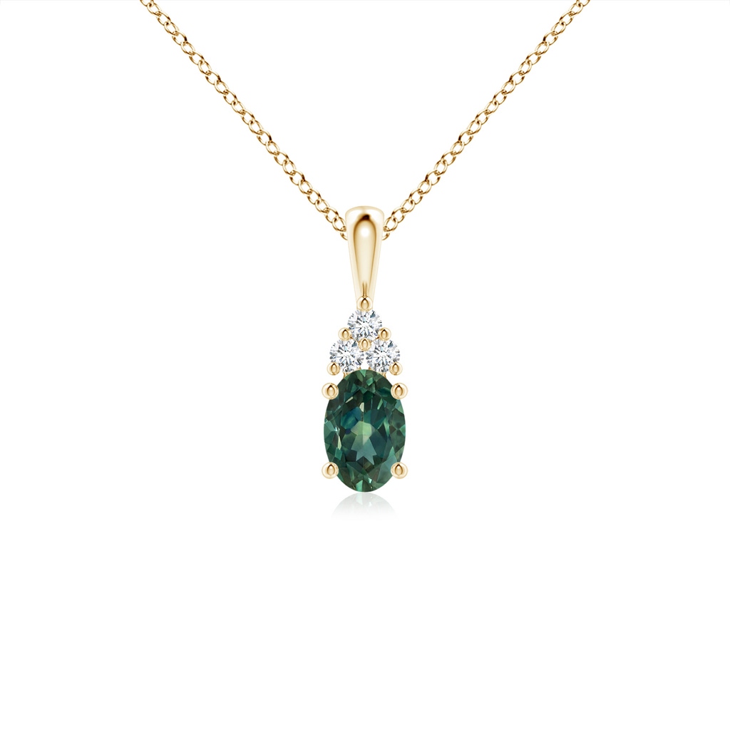 6x4mm AA Oval Teal Montana Sapphire Solitaire Pendant with Trio Diamond in Yellow Gold