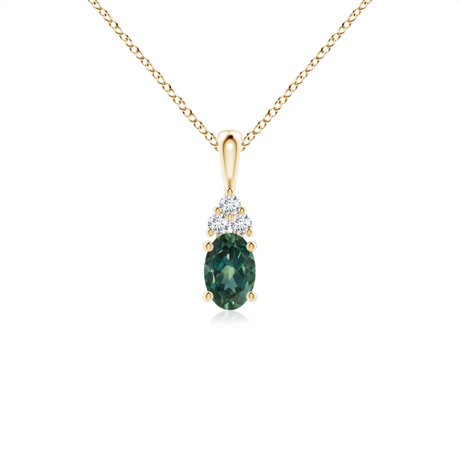 6x4mm AA Oval Teal Montana Sapphire Solitaire Pendant with Trio Diamond in Yellow Gold 