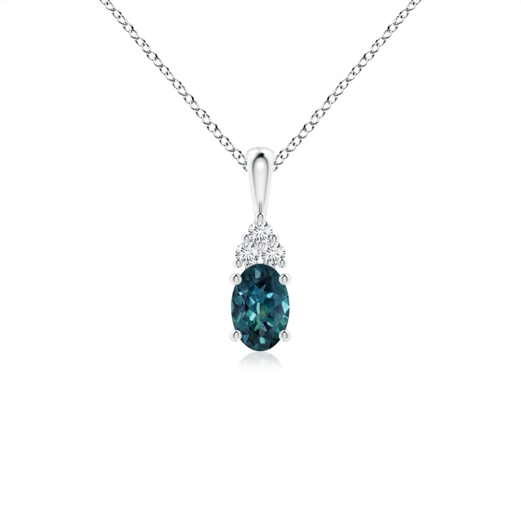6x4mm AAA Oval Teal Montana Sapphire Solitaire Pendant with Trio Diamond in P950 Platinum