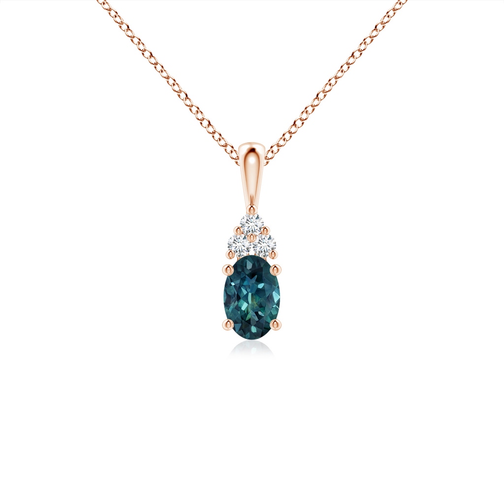 6x4mm AAA Oval Teal Montana Sapphire Solitaire Pendant with Trio Diamond in Rose Gold