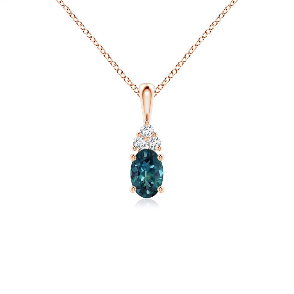 6x4mm AAA Oval Teal Montana Sapphire Solitaire Pendant with Trio Diamond in Rose Gold 