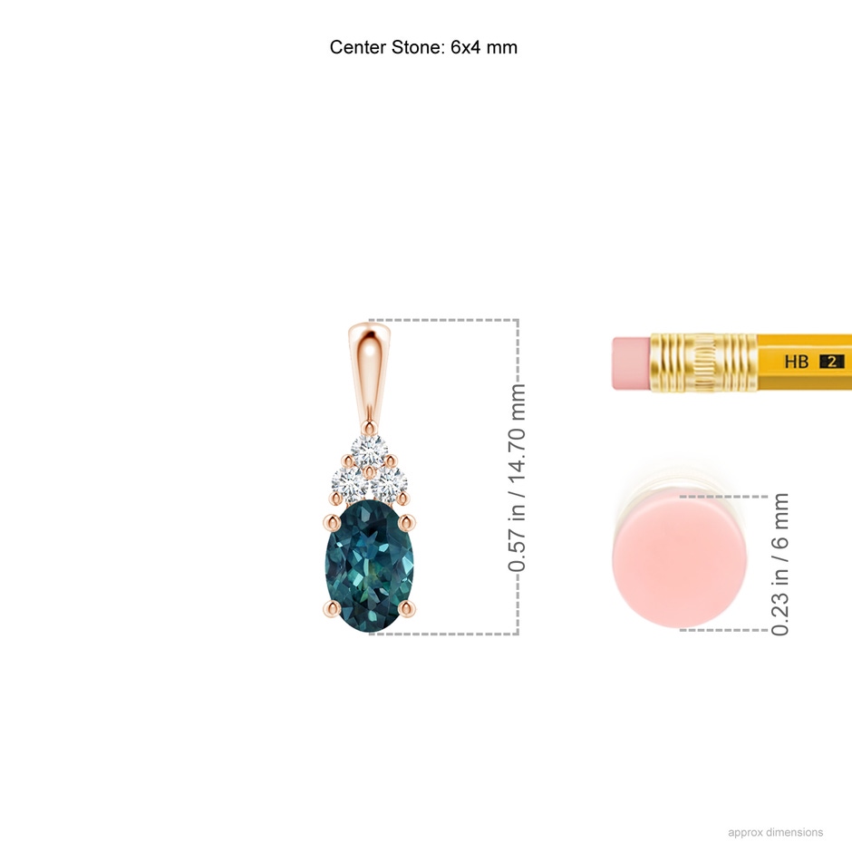 6x4mm AAA Oval Teal Montana Sapphire Solitaire Pendant with Trio Diamond in Rose Gold ruler