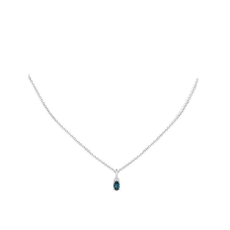 6x4mm AAA Oval Teal Montana Sapphire Solitaire Pendant with Trio Diamond in White Gold body-neck