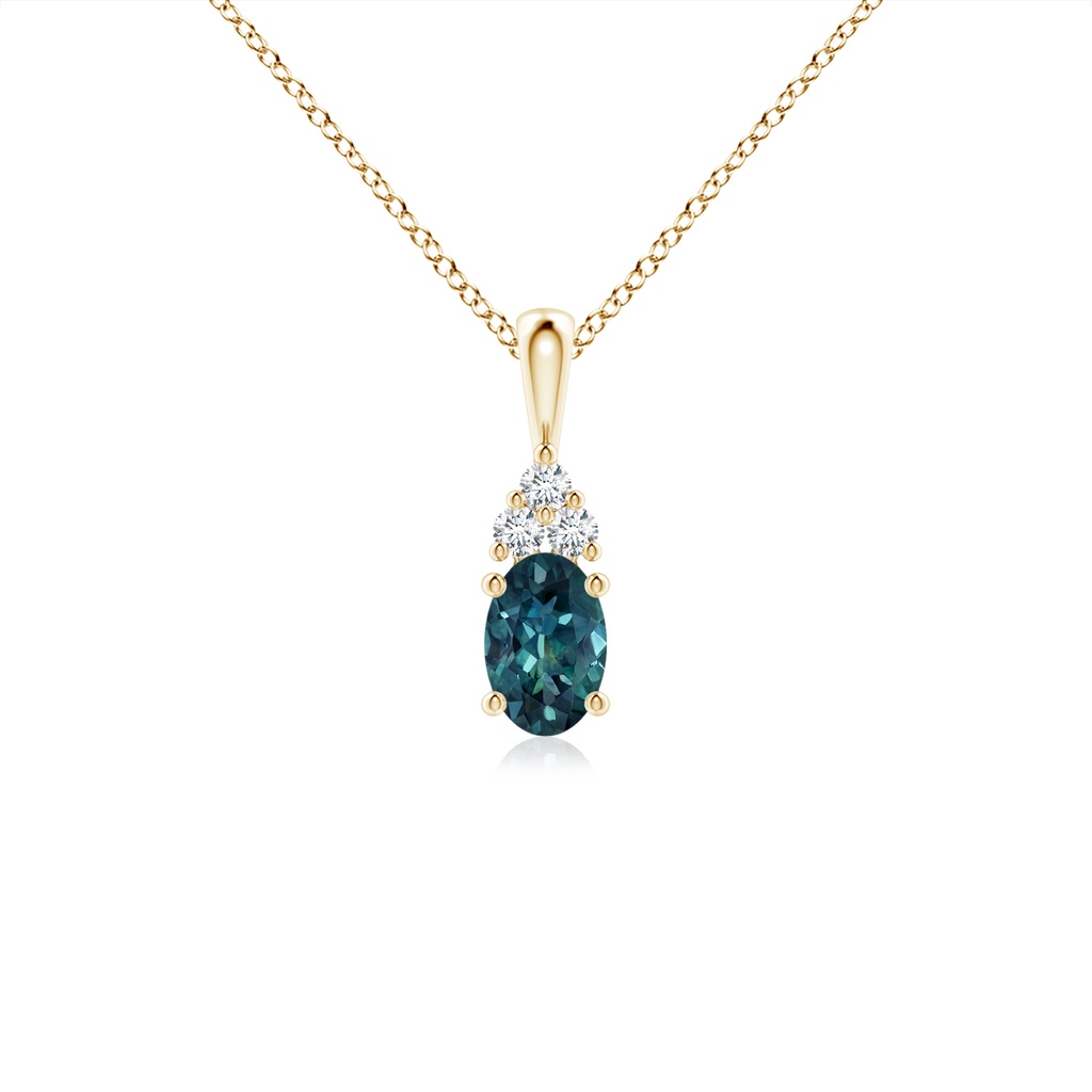 6x4mm AAA Oval Teal Montana Sapphire Solitaire Pendant with Trio Diamond in Yellow Gold