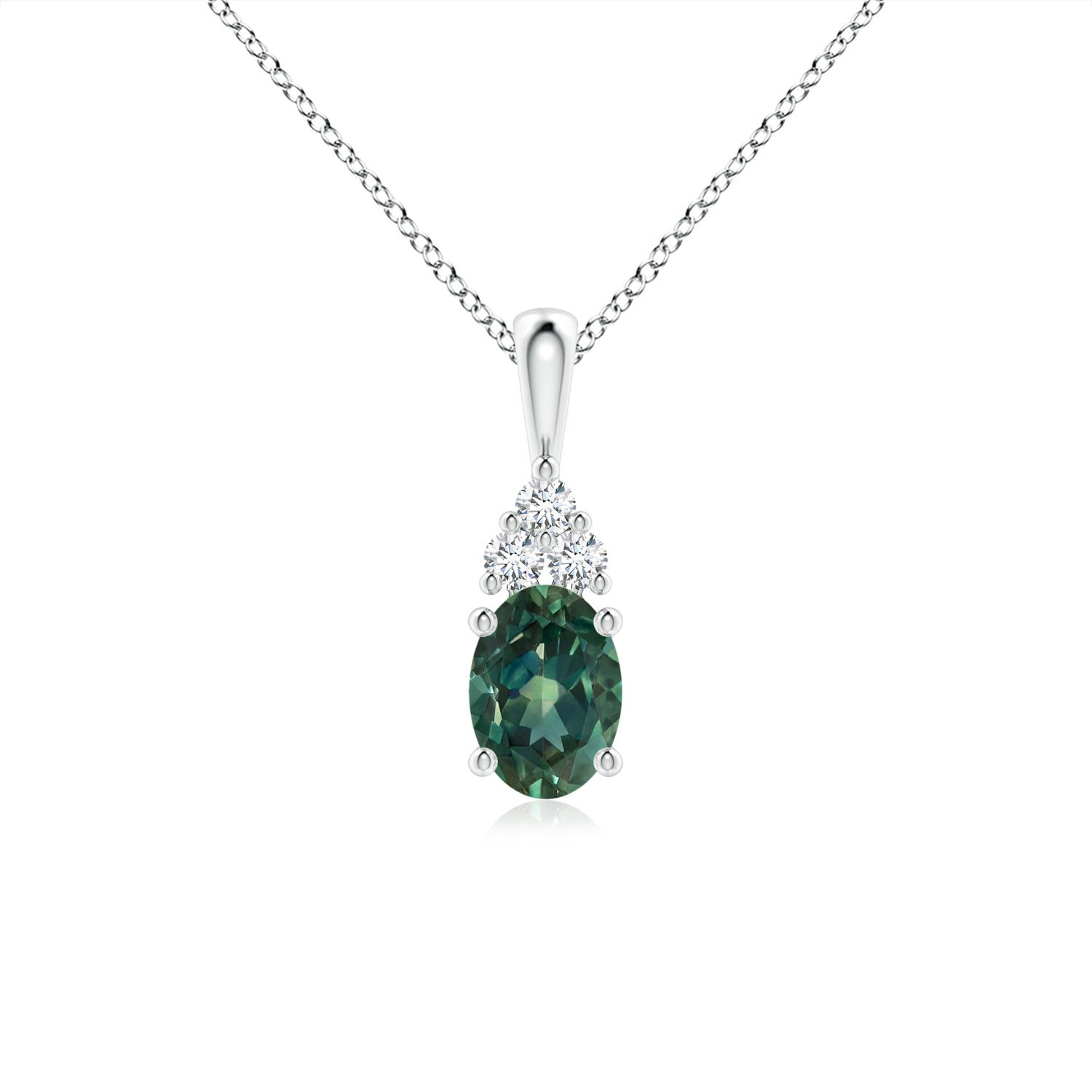7x5mm AA Oval Teal Montana Sapphire Solitaire Pendant with Trio Diamond in P950 Platinum