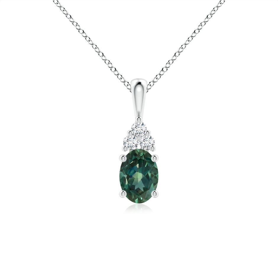 7x5mm AA Oval Teal Montana Sapphire Solitaire Pendant with Trio Diamond in P950 Platinum 