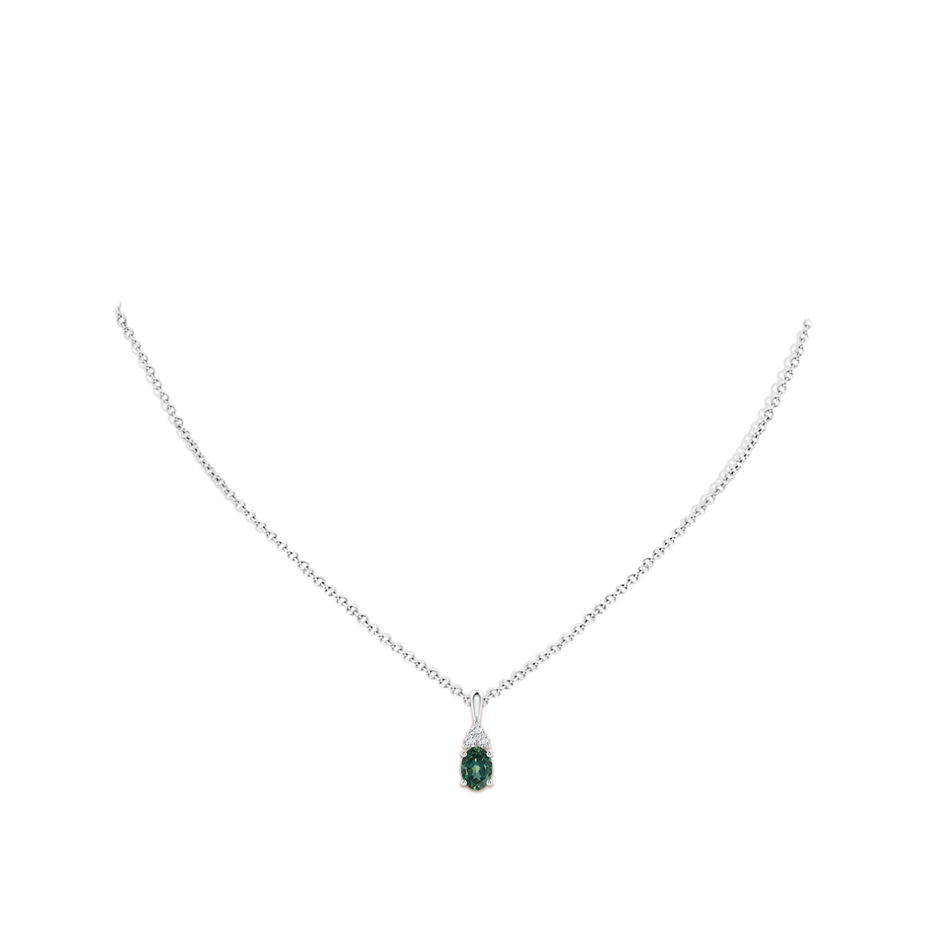 7x5mm AA Oval Teal Montana Sapphire Solitaire Pendant with Trio Diamond in P950 Platinum body-neck