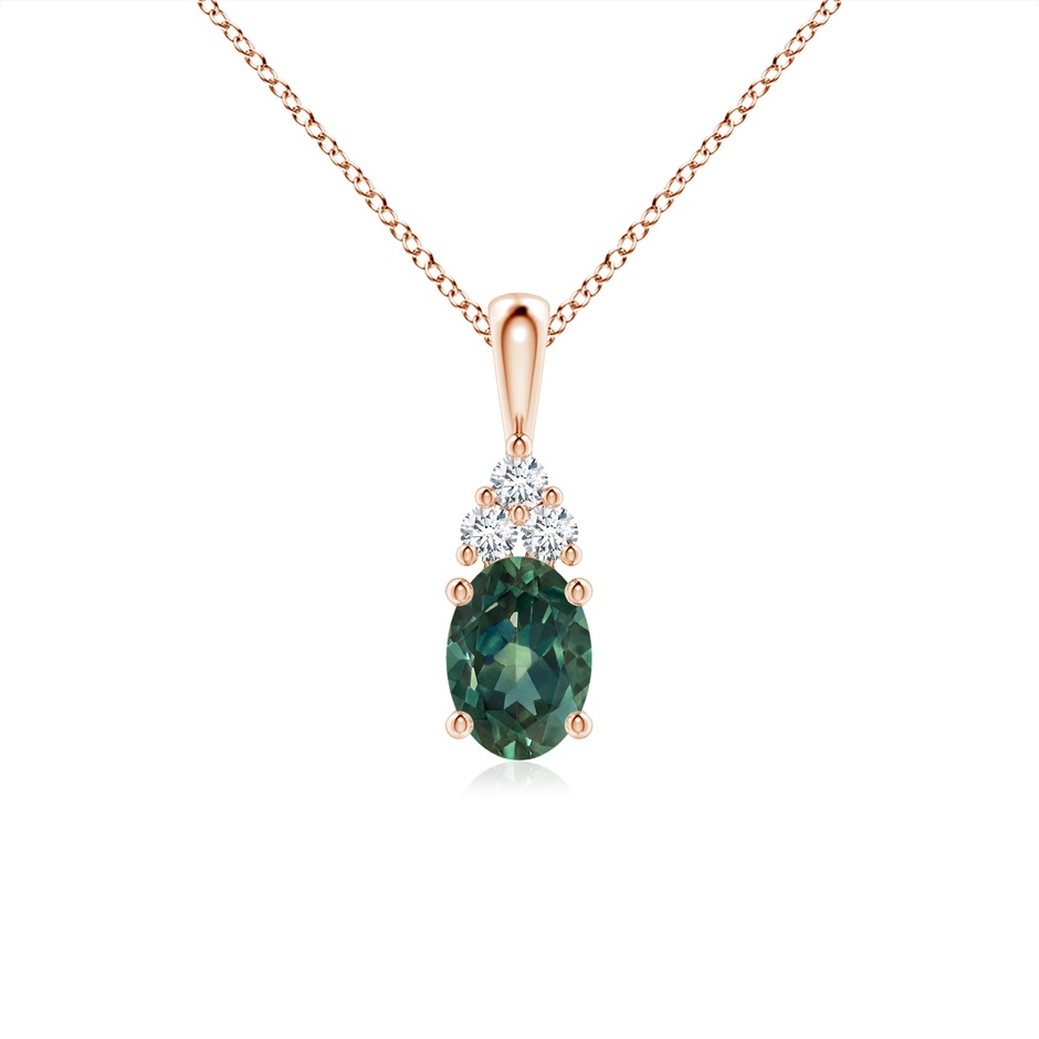 7x5mm AA Oval Teal Montana Sapphire Solitaire Pendant with Trio Diamond in Rose Gold 