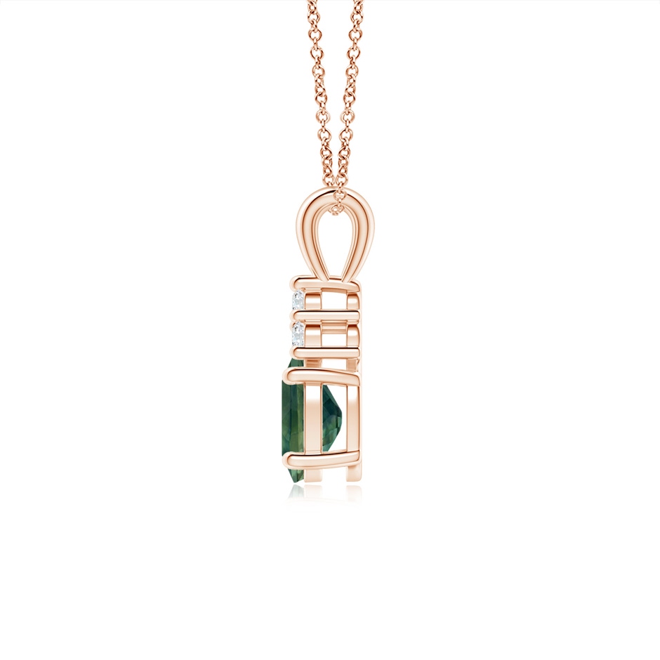 7x5mm AA Oval Teal Montana Sapphire Solitaire Pendant with Trio Diamond in Rose Gold side-1