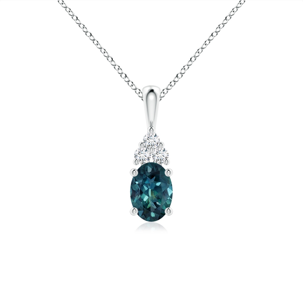 7x5mm AAA Oval Teal Montana Sapphire Solitaire Pendant with Trio Diamond in P950 Platinum