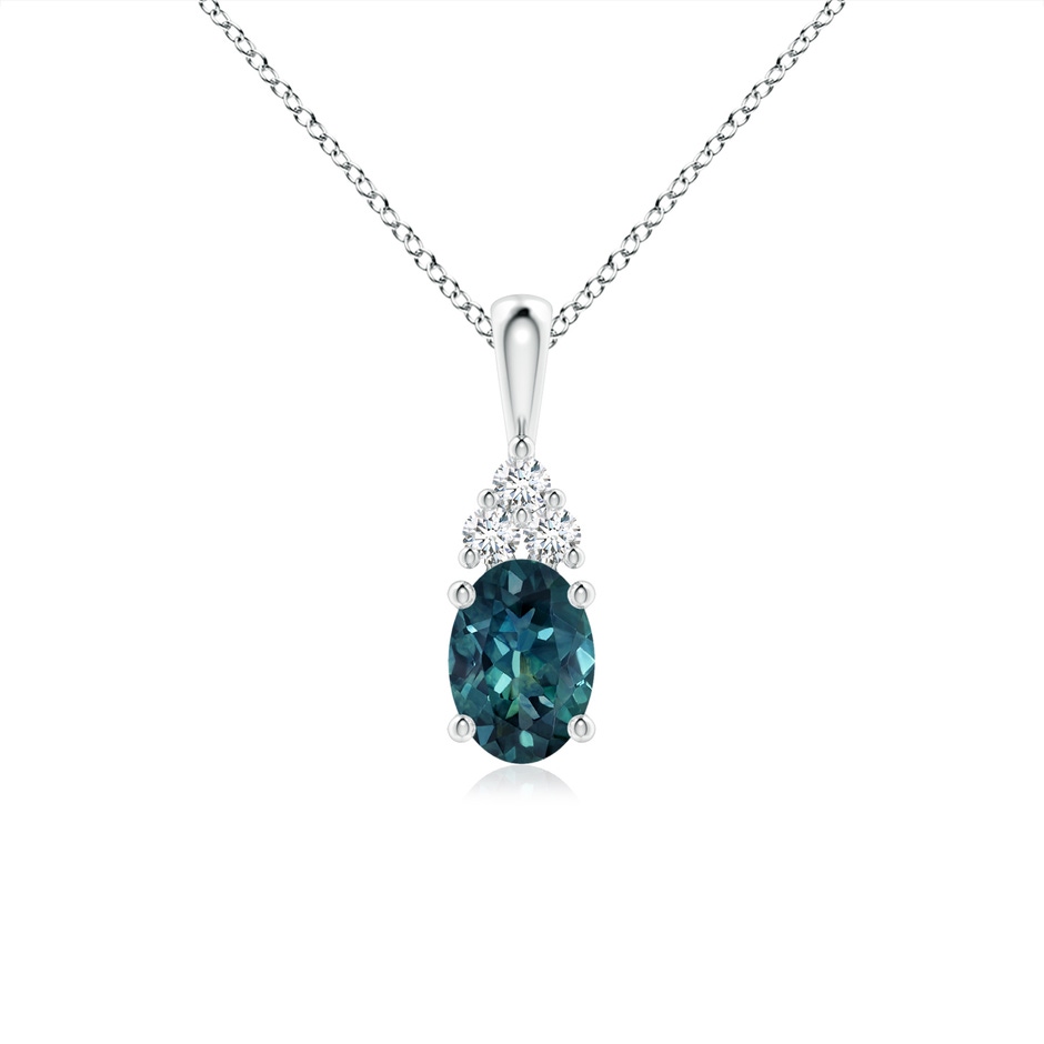 7x5mm AAA Oval Teal Montana Sapphire Solitaire Pendant with Trio Diamond in P950 Platinum 