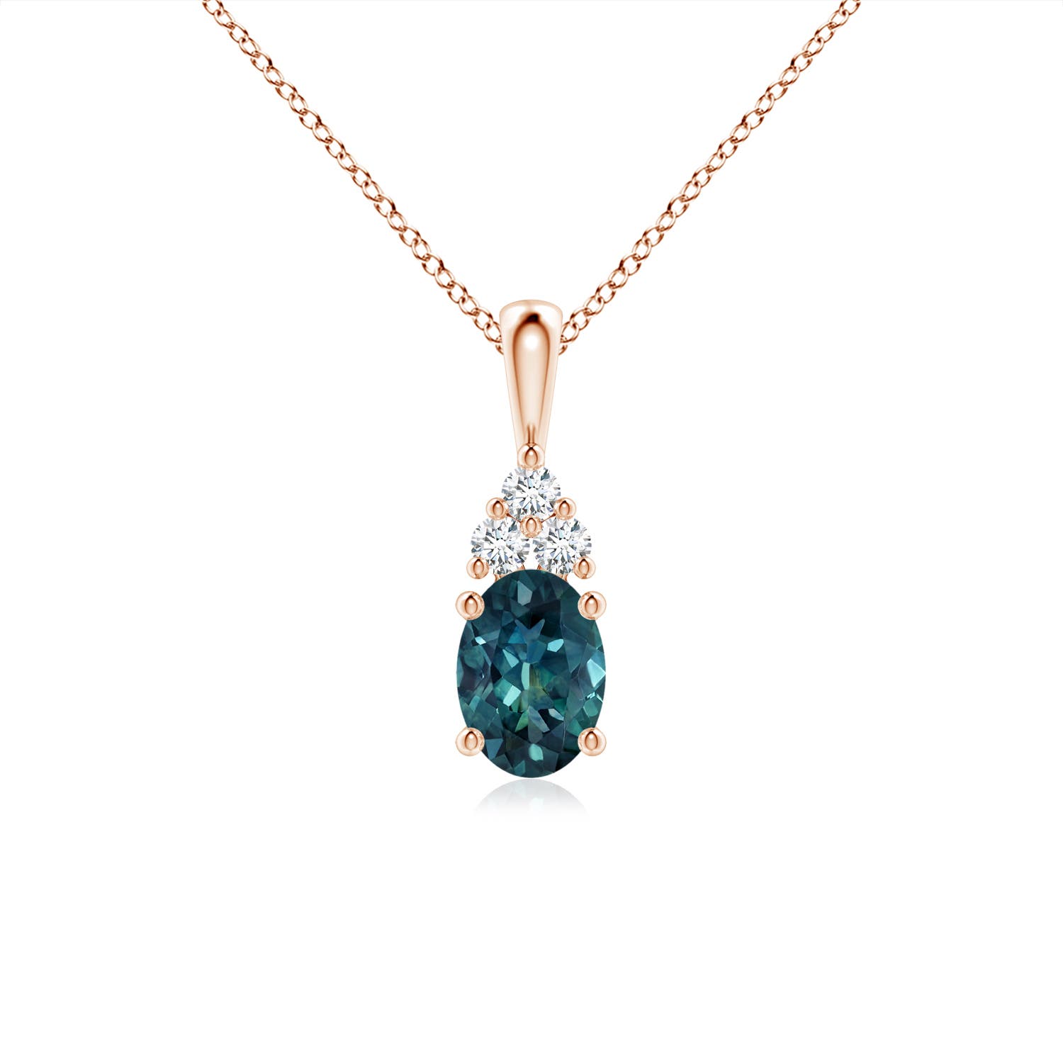 7x5mm AAA Oval Teal Montana Sapphire Solitaire Pendant with Trio Diamond in Rose Gold