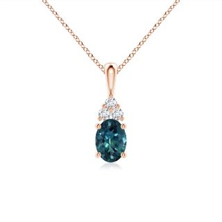 7x5mm AAA Oval Teal Montana Sapphire Solitaire Pendant with Trio Diamond in Rose Gold