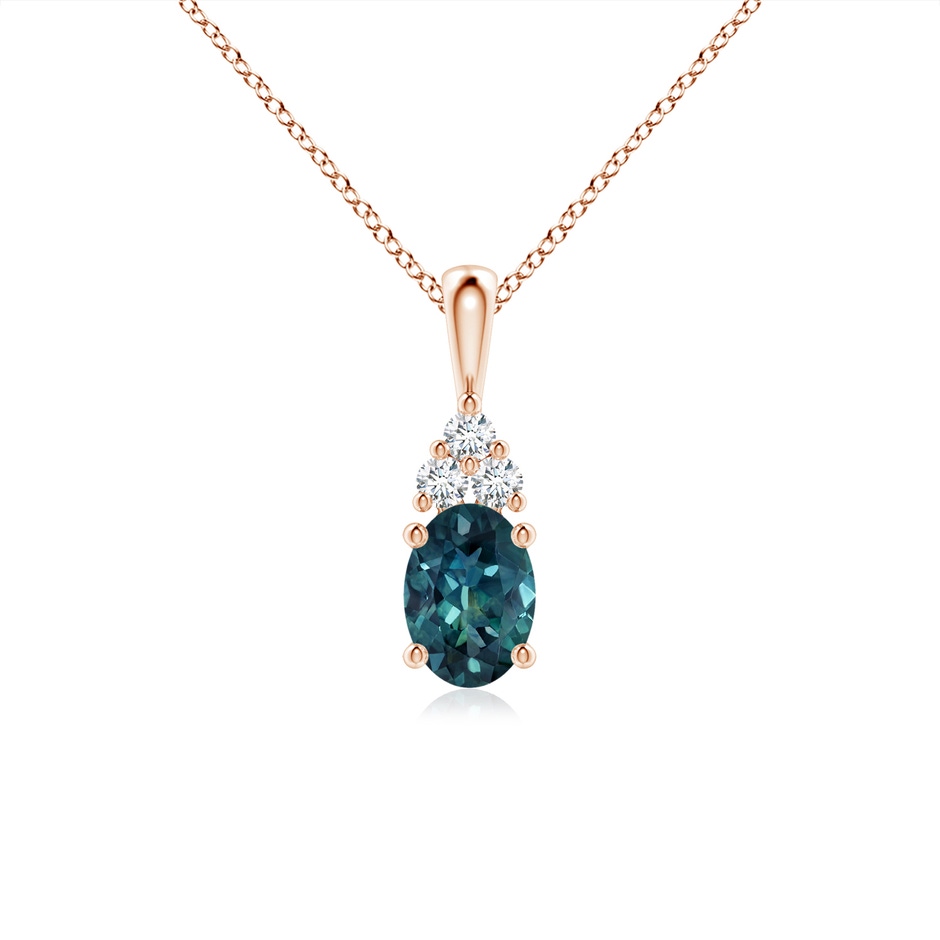 7x5mm AAA Oval Teal Montana Sapphire Solitaire Pendant with Trio Diamond in Rose Gold 