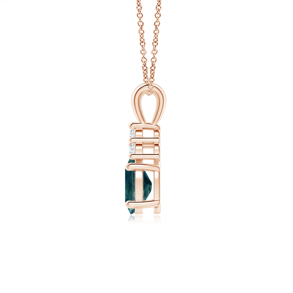 7x5mm AAA Oval Teal Montana Sapphire Solitaire Pendant with Trio Diamond in Rose Gold side-1