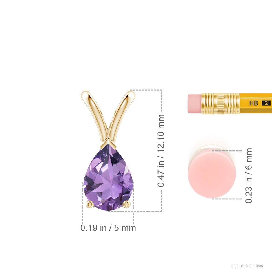 7x5mm A V-Bale Pear-Shaped Amethyst Solitaire Pendant in 10K Yellow Gold ruler