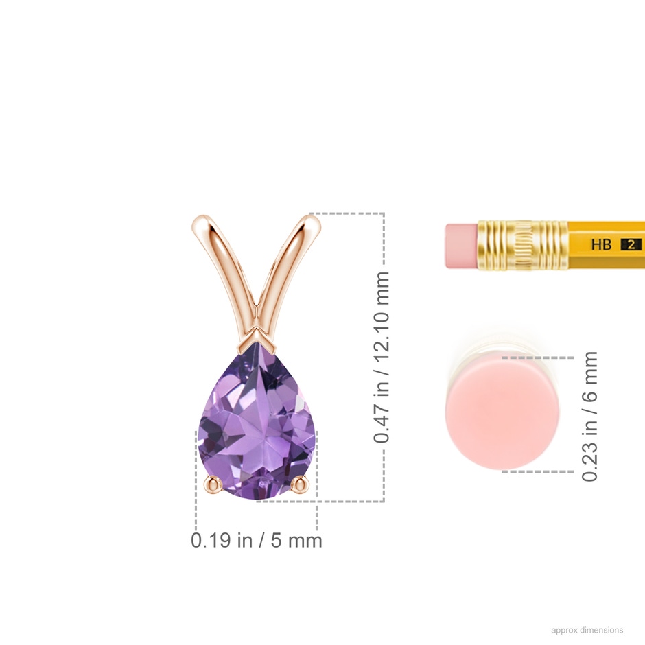 7x5mm A V-Bale Pear-Shaped Amethyst Solitaire Pendant in 9K Rose Gold ruler