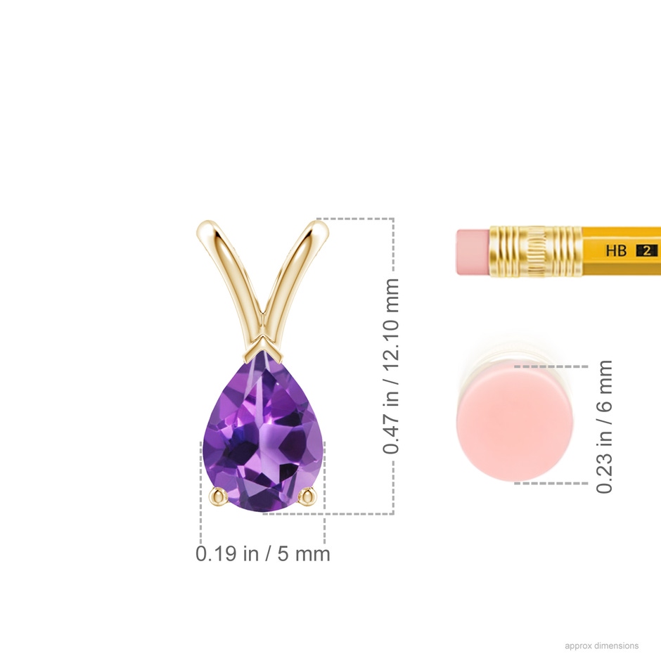 7x5mm AAA V-Bale Pear-Shaped Amethyst Solitaire Pendant in Yellow Gold ruler