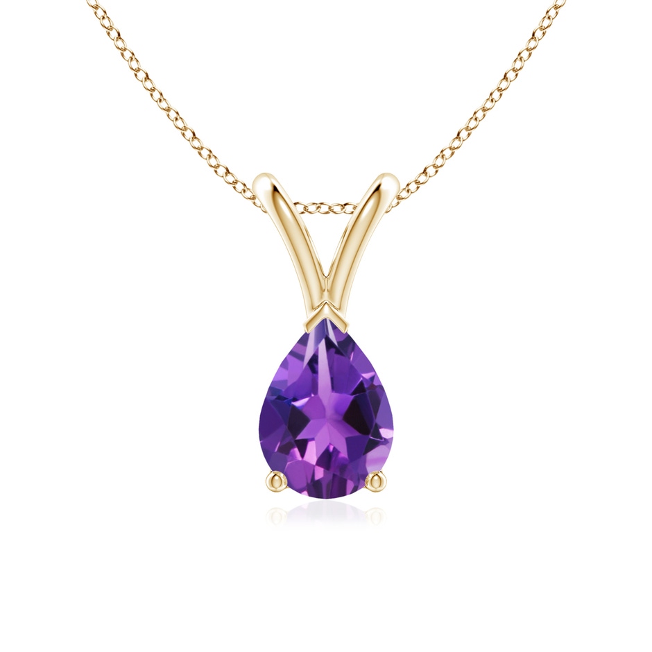 7x5mm AAAA V-Bale Pear-Shaped Amethyst Solitaire Pendant in Yellow Gold 
