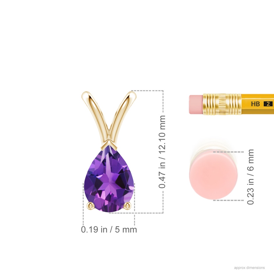 7x5mm AAAA V-Bale Pear-Shaped Amethyst Solitaire Pendant in Yellow Gold ruler