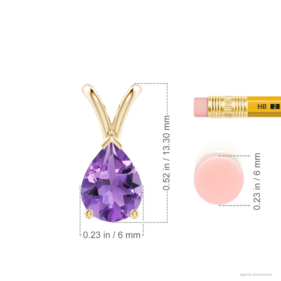 8x6mm AA V-Bale Pear-Shaped Amethyst Solitaire Pendant in Yellow Gold ruler