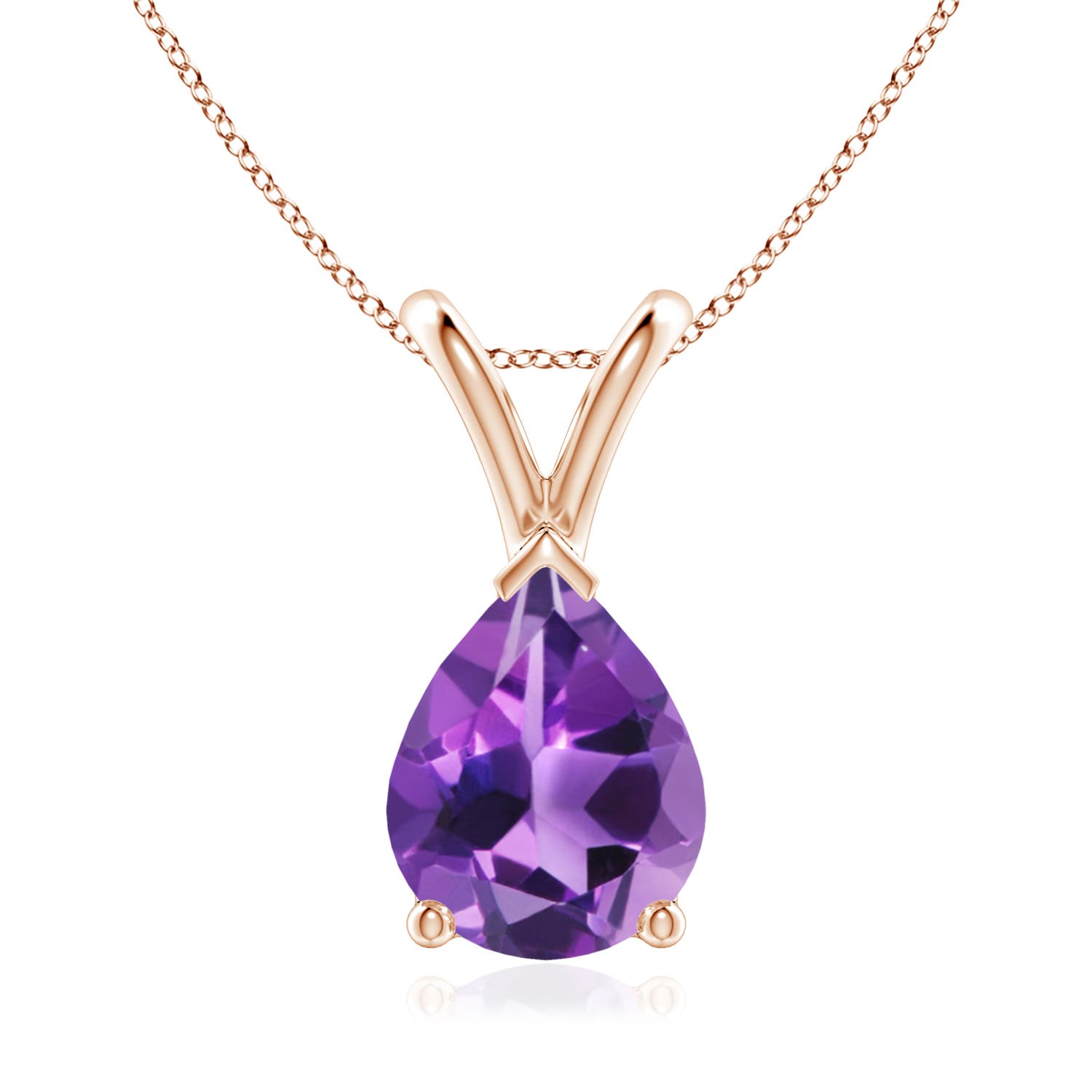 9x7mm AAA V-Bale Pear-Shaped Amethyst Solitaire Pendant in 18CT Rose Gold