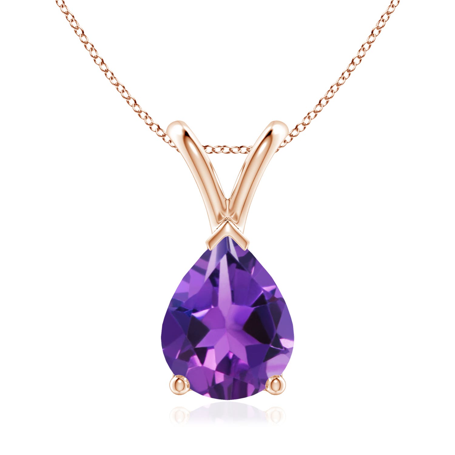 9x7mm AAAA V-Bale Pear-Shaped Amethyst Solitaire Pendant in 18CT Rose Gold