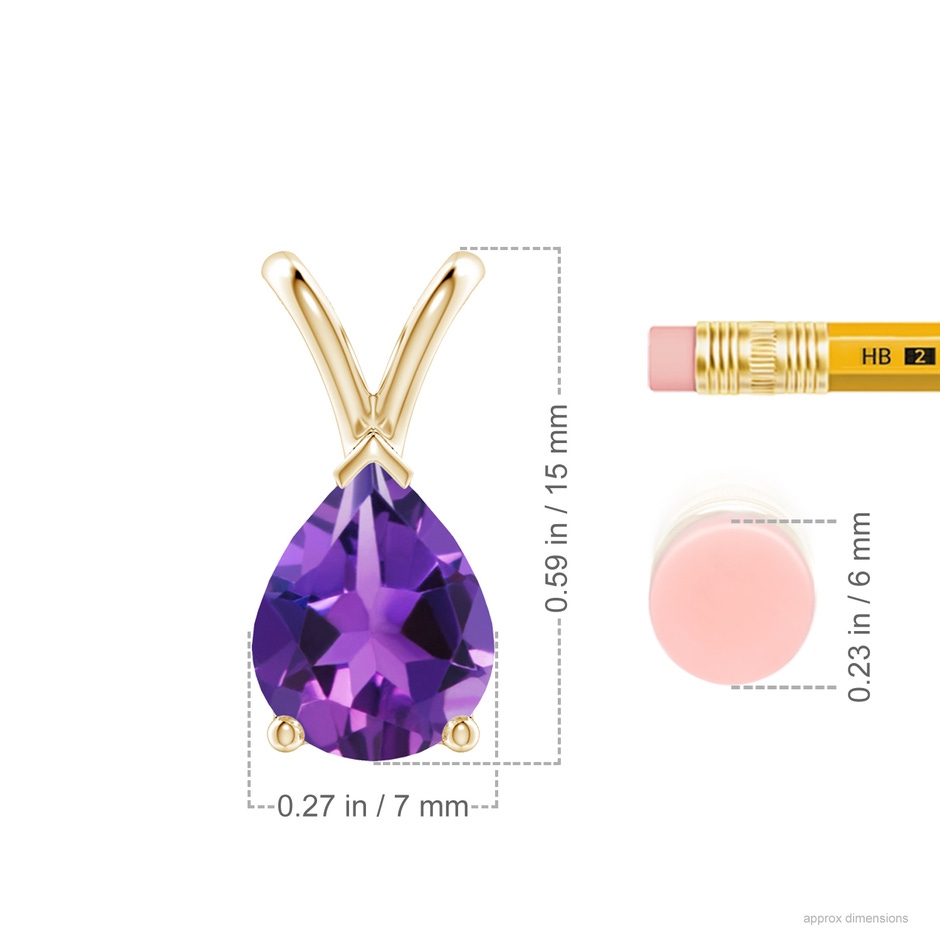 9x7mm AAAA V-Bale Pear-Shaped Amethyst Solitaire Pendant in 18K Yellow Gold ruler