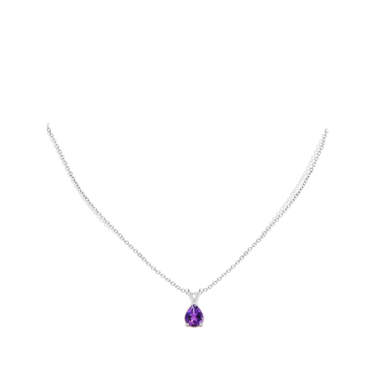 9x7mm AAAA V-Bale Pear-Shaped Amethyst Solitaire Pendant in White Gold - body_neck