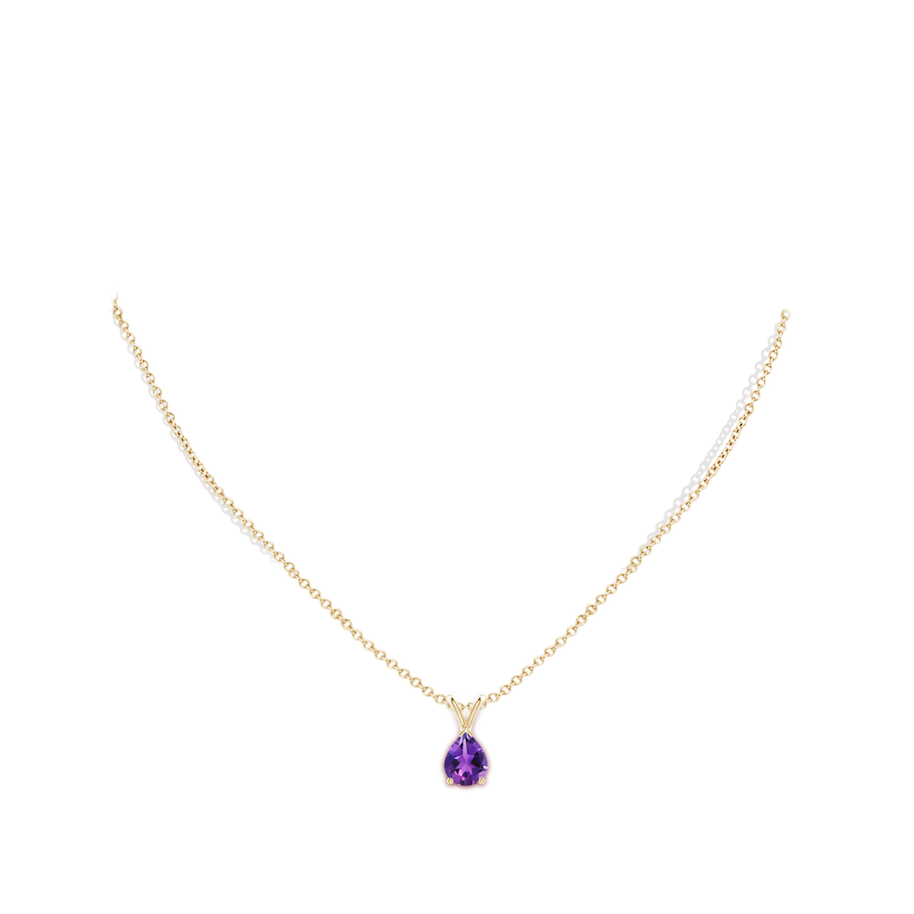 9x7mm AAAA V-Bale Pear-Shaped Amethyst Solitaire Pendant in Yellow Gold Body-Neck