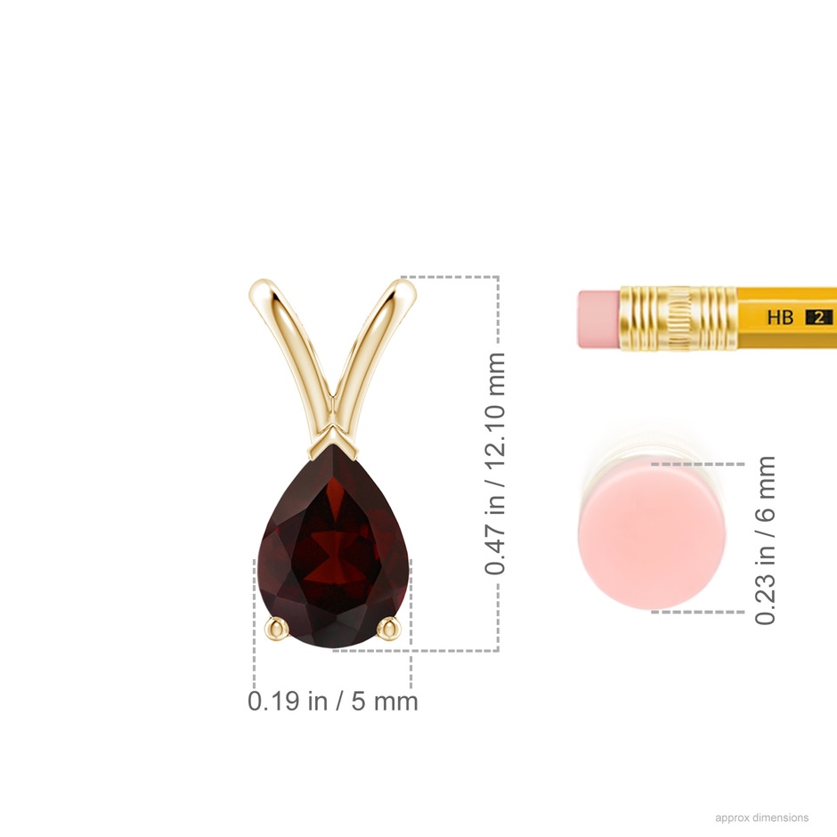 7x5mm A V-Bale Pear-Shaped Garnet Solitaire Pendant in Yellow Gold ruler