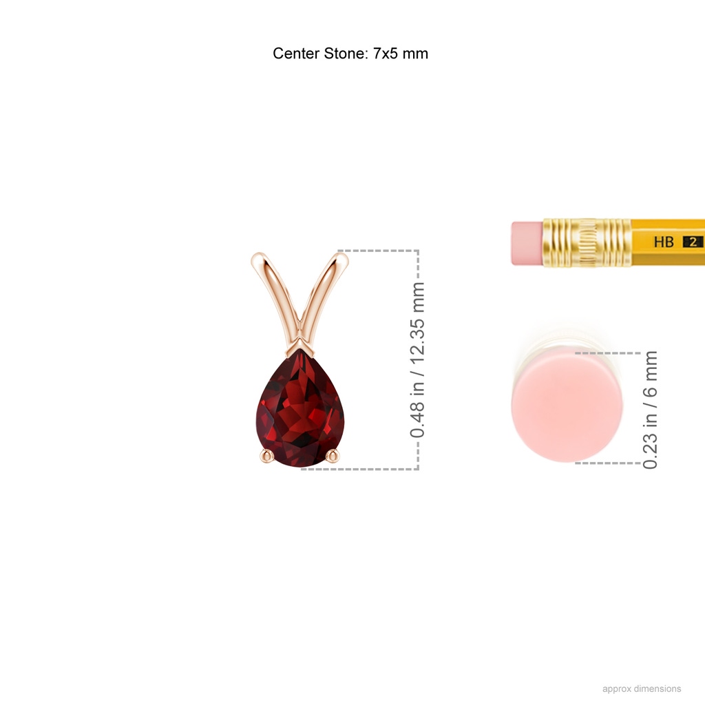 7x5mm AAAA V-Bale Pear-Shaped Garnet Solitaire Pendant in Rose Gold Ruler