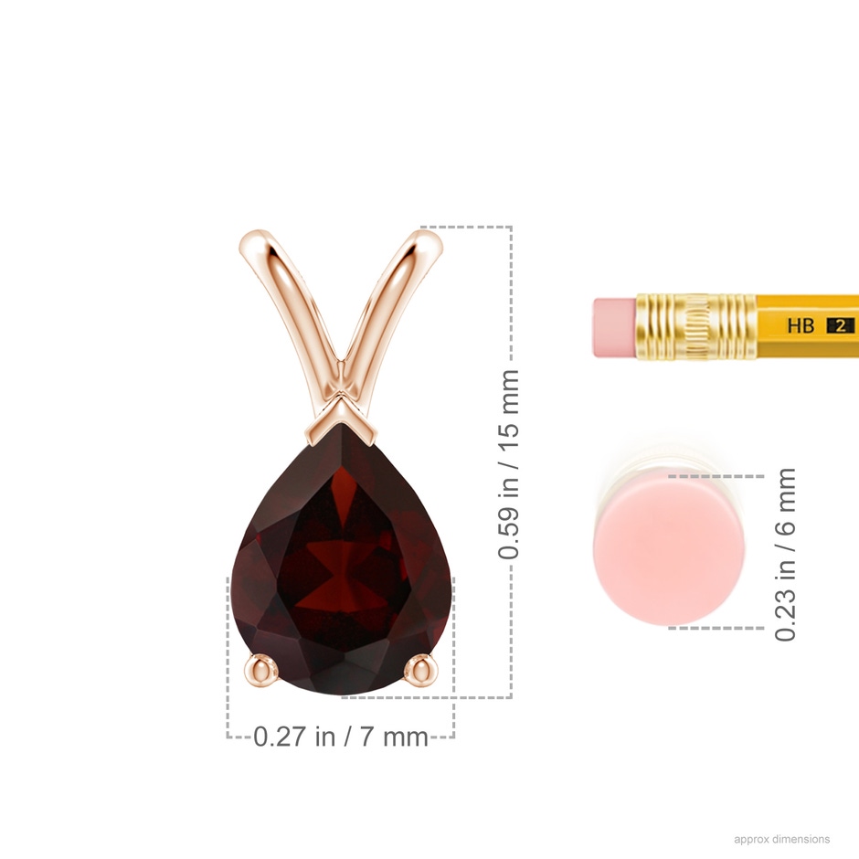 9x7mm A V-Bale Pear-Shaped Garnet Solitaire Pendant in 18K Rose Gold ruler
