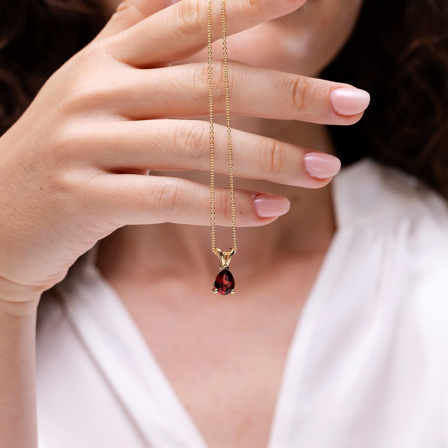 Store Classic Pear cut Red Garnet silver pendant & necklace in Gorgeous White Silver