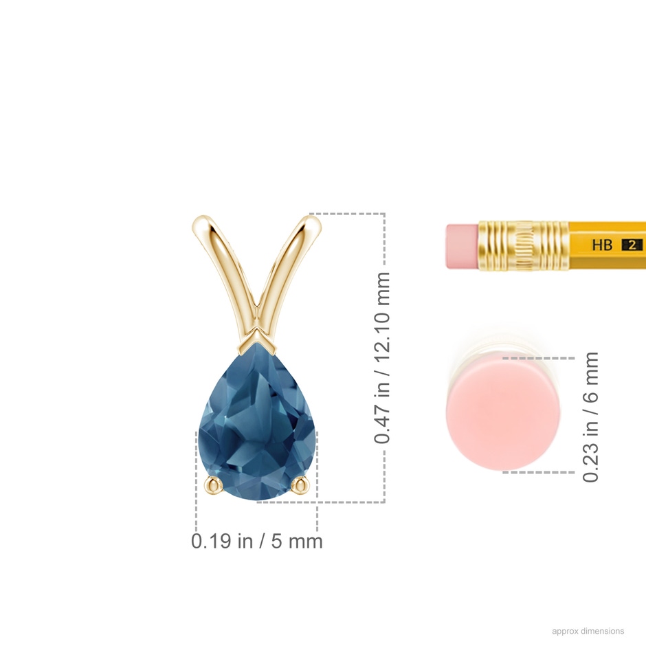 7x5mm A V-Bale Pear-Shaped London Blue Topaz Solitaire Pendant in Yellow Gold ruler