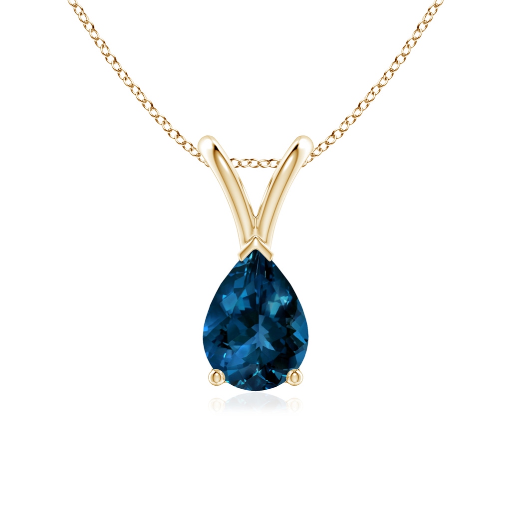 7x5mm AAAA V-Bale Pear-Shaped London Blue Topaz Solitaire Pendant in Yellow Gold