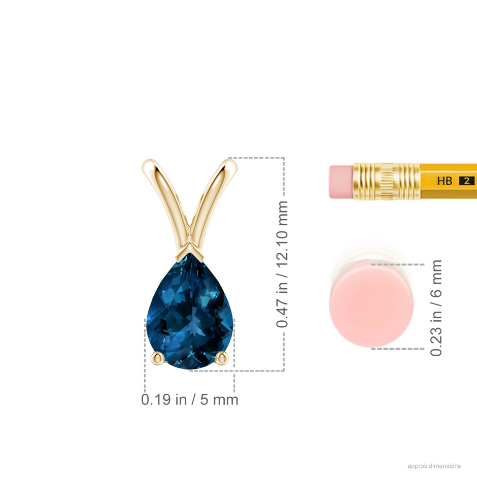 7x5mm AAAA V-Bale Pear-Shaped London Blue Topaz Solitaire Pendant in Yellow Gold ruler