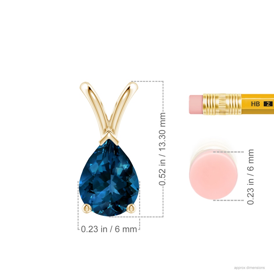 8x6mm AAAA V-Bale Pear-Shaped London Blue Topaz Solitaire Pendant in 18K Yellow Gold ruler