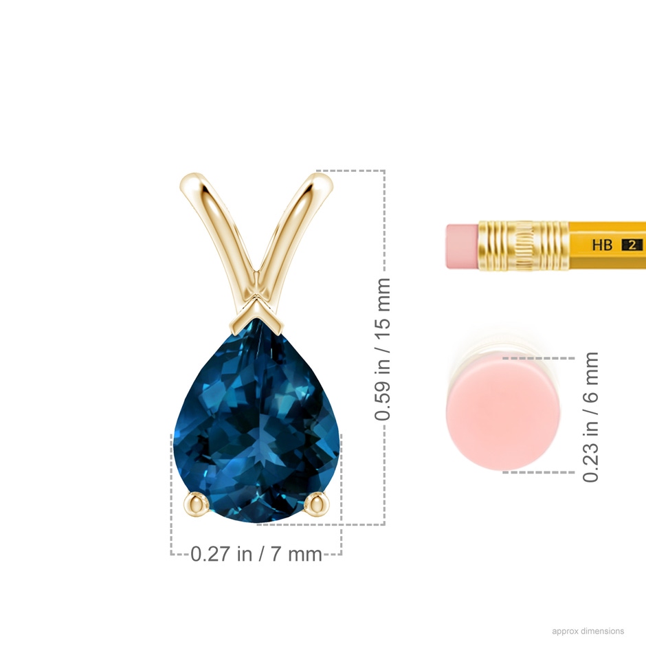 9x7mm AAAA V-Bale Pear-Shaped London Blue Topaz Solitaire Pendant in Yellow Gold ruler