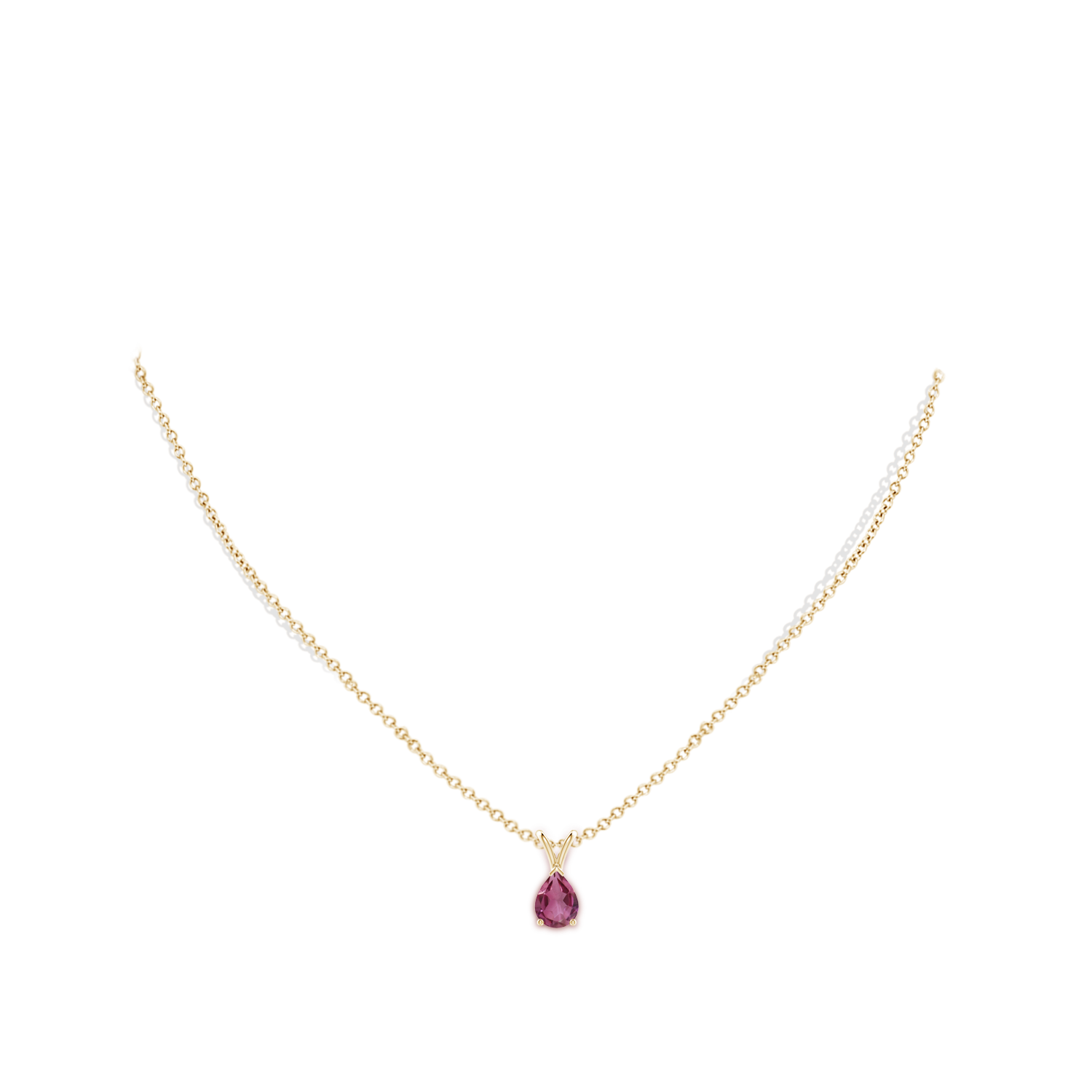 8x6mm AAAA V-Bale Pear-Shaped Pink Tourmaline Solitaire Pendant in Yellow Gold - body_neck