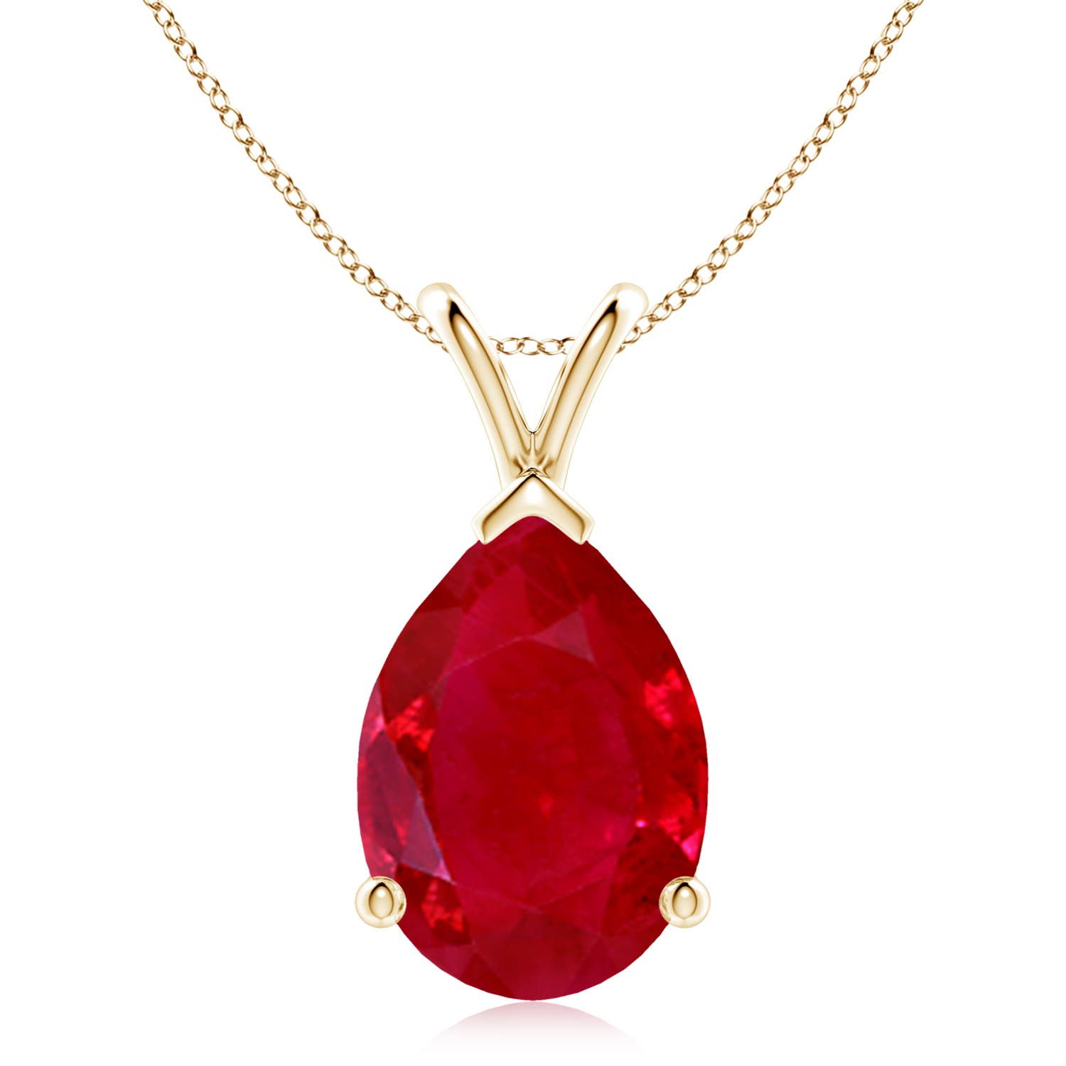 Angara 6.54 CTW V-Bale Pear-Shaped Ruby Solitaire Pendant in 18K Yellow Gold
