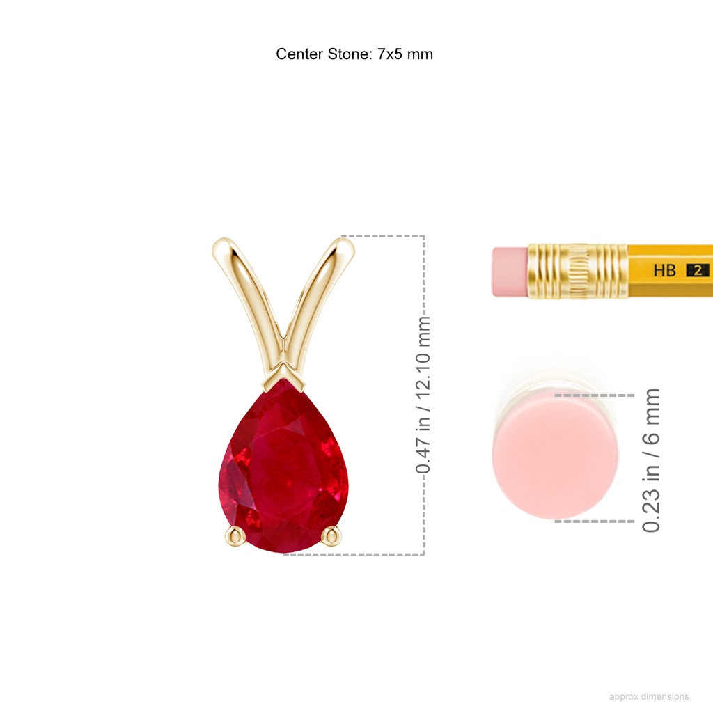7x5mm AAA V-Bale Pear-Shaped Ruby Solitaire Pendant in Yellow Gold ruler