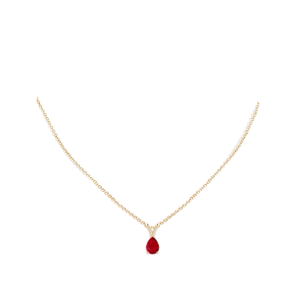 7x5mm AAA V-Bale Pear-Shaped Ruby Solitaire Pendant in Yellow Gold pen
